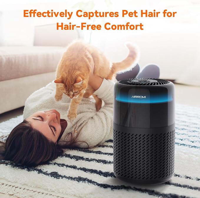 AIRROMI Air Purifier for Bedroom Home,HEPA Filter,Covers Upto 549 Ft²,Quiet 360°intake Air Cleaner with Fragrance ponge for Better Sleep,Night Light,Filters Smoke,Pet Dander,Allergies,Dust,A2005 Black