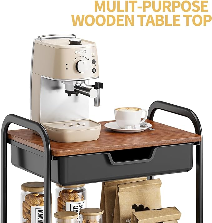 TOOLF 3-Tier Utility Rolling Cart with Wooden Board and Drawer, Metal Storage Cart with Handle, Black Trolley Kitchen Organizer Rolling Desk with Locking Wheels for Office, Classroom, Home, Bedroom