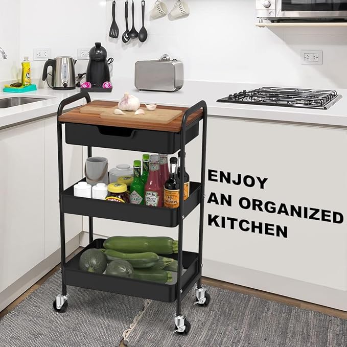 3 Tier Rolling Cart with Drawer, Metal Utility Cart on Wheels Storage Cart with Wood Top, Kitchen Cart Art Cart Organizer for Bathroom Office Balcony Living Room