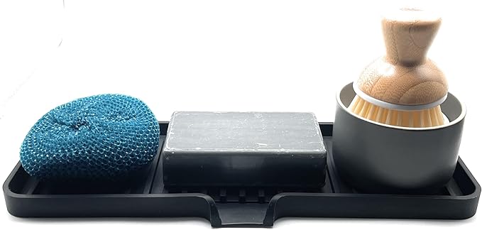 Happitasa Silicone Soap Dish Tray and Sponge Holder with Drain Chute | Bathroom and Kitchen Sink Organizer Caddy (Black, 12"x4", 7.4 Ounces)
