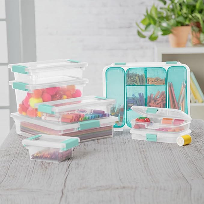 Sterilite 12-Pack Clip Box, Stackable Clear Plastic Bins with Latching Lids, Small - Writing, Arts or Crafts Supplies Storage Containers for Home, Office, Classroom and Workshop Organization