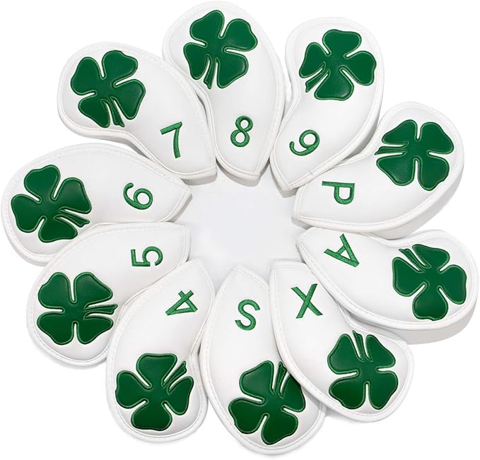 Golf Iron Covers Golf Iron Head Covers Leather Golf Iron Covers for Golf Clubs 10pcs Golf Iron Headcovers Lucky Clover Golf Club Head Covers for Iron with Magic Tape Fit All Brands
