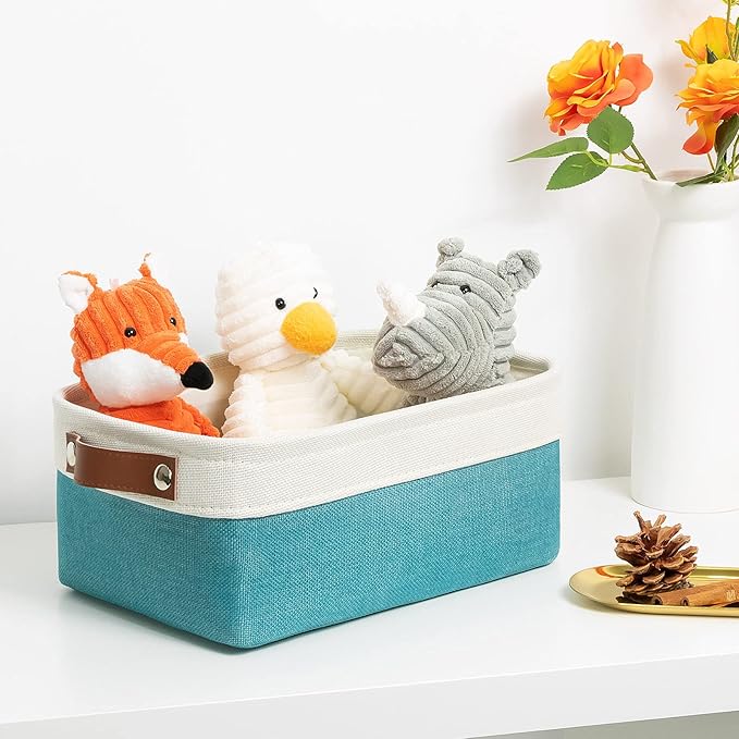 DULLEMELO Small Collapsible Fabric Basket for Organizing, Shelves, Closets, Laundry, Nursery, Decorative Gift Basket (White & Teal)