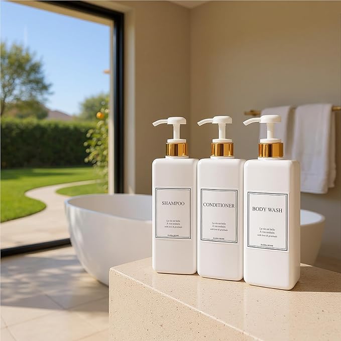 Modern Gold Design Large 27 oz Shampoo and Conditioner Dispensers - Empty Plastic Refillable Pump Bottle Set for Bathroom Shower Soap Dispenser, Set of 3 (White)
