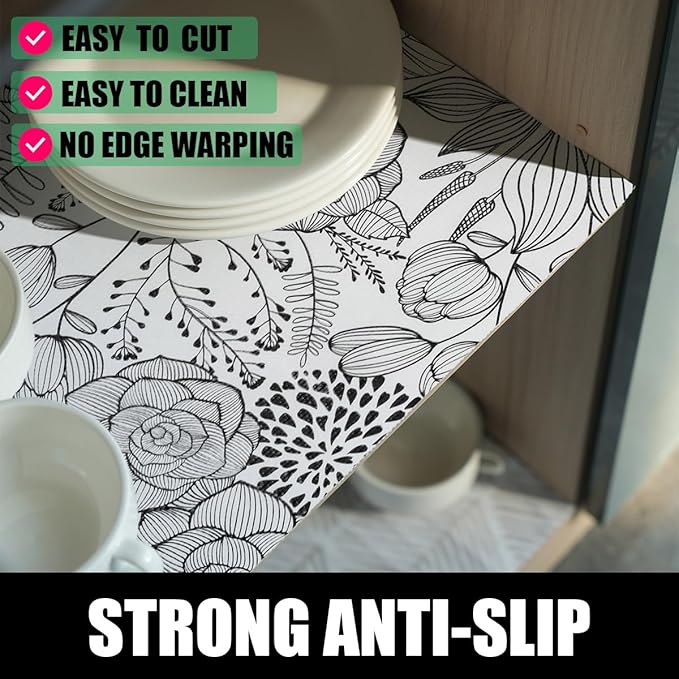Shelf and Drawer Liner for Kitchen Cabinets, Non-Adhesive and Strong Non-Slip Floral Shelf Cabinet Drawer Liners, Waterproof Thickened Shelf Liner,Easy to Clean,Black and White,12IN x 10FT