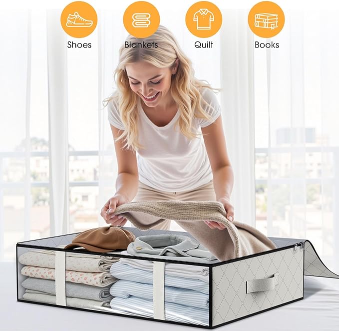 StorageRight Under Bed Storage Bins, 4-Pack 40L Foldable Fabric Storage Bags with Transparent Window, Breathable Organizer for Clothes/Blanket/Comforter/Quilt, White