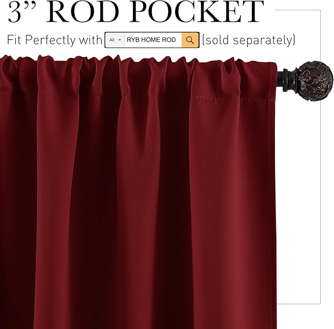 RYB HOME Short Curtains for Bathroom - Half Window Kitchen Curtains, Insulated Drapes Blackout Panels for Bedroom/Living Room, W 29 x L 24 inches Each Panel, Burgundy Red, 2 Panels