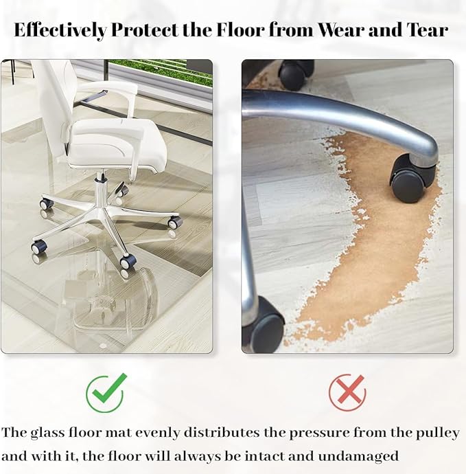 [Tempered Glass] 48" x 60" Glass Chair Mat, Heavy Duty Hard Tempered Glass Mat with Round Corner and Polished Edge, Transparent Glass Office Chair Mat for Office and Home Hard Floor or Carpeted
