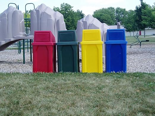 32 Gallon Square 100% Recycled Plastic Heavy Duty Outdoor Trash Can with Push Lid - Great for Schools and Businesses - Green Granite