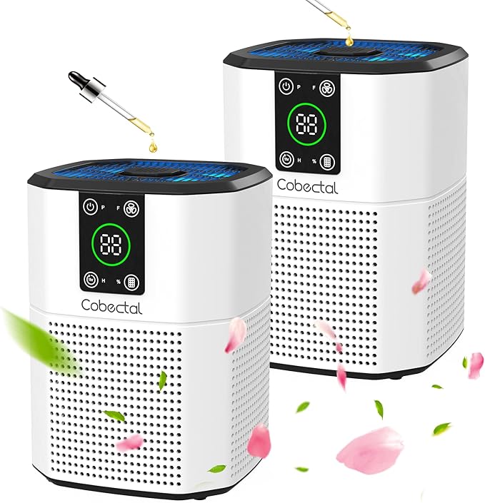 2 Pack Air Purifier for Home Bedroom, Cobectal Room Air Cleaner with H13 True HEPA 3-in-1 Filter, Aroma Function & Sleep Mode, Desktop Small Air Purifier for Office, Dorm, Hotel, RVs (White)