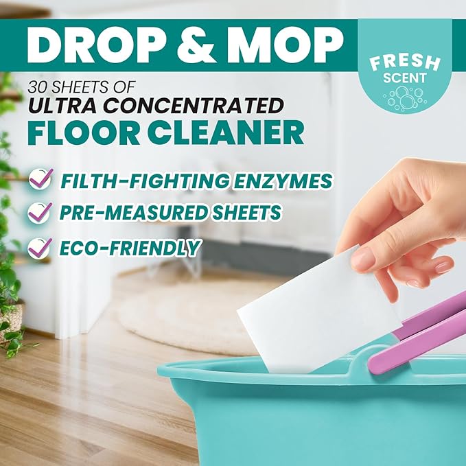 Uncle Todd's Ultra Concentrated Floor Cleaner For Mopping: 30 Natural, 100% Dissolvable Sheets for Mopping – Hardwood & Wood Floor Cleaner with Filth-Fighting Enzymes, Plastic-Free Packaging