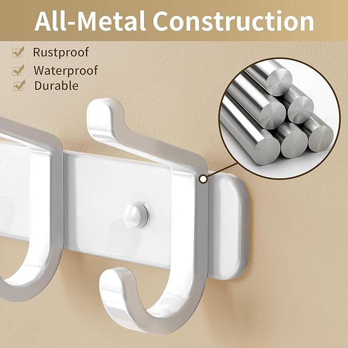 Coat Rack Wall Mounted Heavy-Duty: Metal Coat Hanger 6 Hooks for Hanging Hat, Clothes, Robe, Keys, Backpack, Bathroom Towels, Jacket, Purse - Closet, Door, Entryway, Mudroom (White, 1 Pack)
