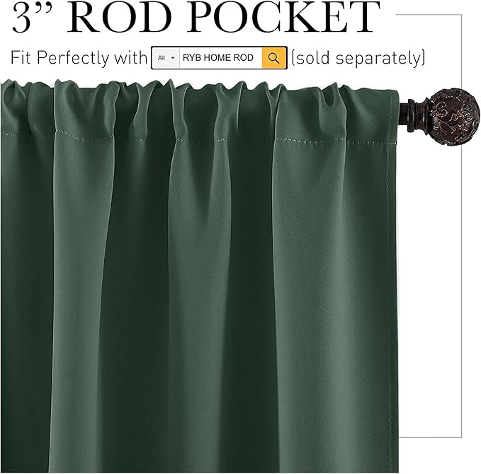 RYB HOME Living Room Curtains 63 inch Length 2 Panels Set, Thermal Insulated Privacy Window Drapes Rod Pocket Design All Lights Blocking for Bedroom Studio, W 42 x L 63 inch, Dark Green