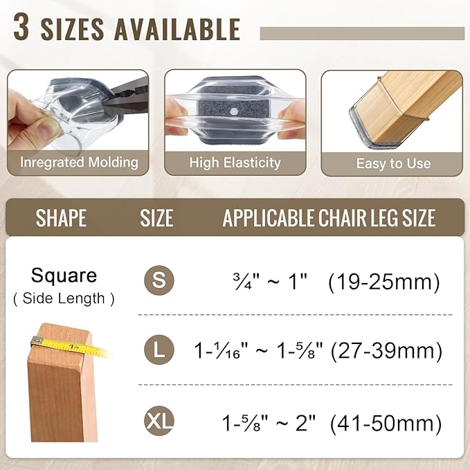 BUMACO Chair Leg Floor Protectors Square Chair Leg Protectors for Hardwood Floors Silicone Pads Covers to Protect Floors Clear-40 Pcs Square XL (1-5/8" to 2")
