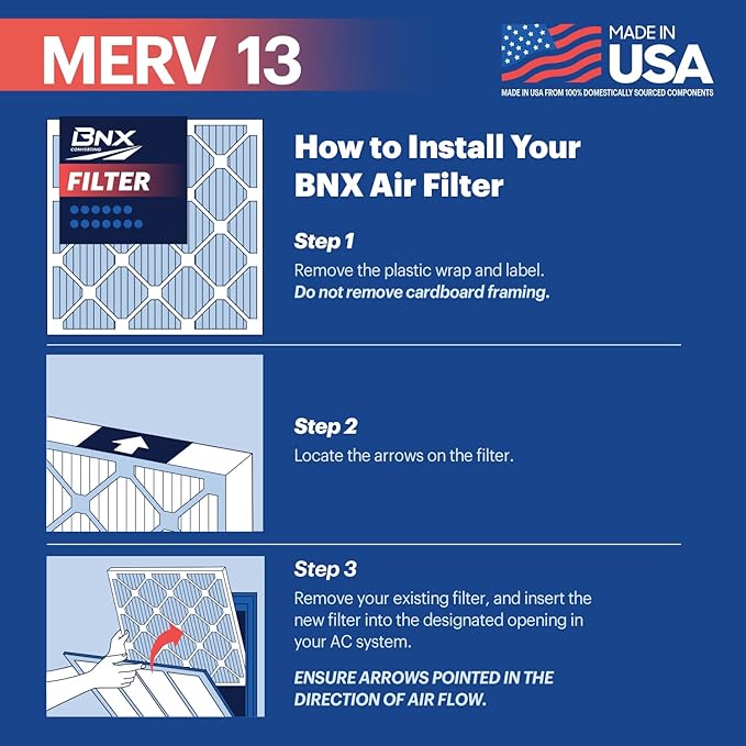 BNX TruFilter 20x30x1 Air Filter MERV 13 (6-Pack) - MADE IN USA - Electrostatic Pleated Air Conditioner HVAC AC Furnace Filters for Allergies, Pollen, Mold, Bacteria, Smoke, Allergen, MPR 1900 FPR 10