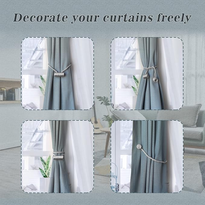 Hion Magnetic Curtain Tiebacks Gray Blue 2pcs, Curtain Tiebacks Buckles Holdbacks Holders Hooks Clip for Home Bedroom Office Decorative Curtain