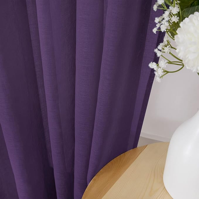 Tollpiz Short Sheer Curtain Linen Textured Living Room Curtains Sheer Light Filtering Rod Pocket Voile Curtain for Bedroom, 42 x 54 inches Long, Royal Purple, Set of 2 Panels
