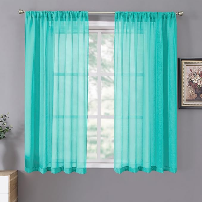Tollpiz Sheer Curtains Linen Textured Living Room Curtain Sheers Light Filtering Rod Pocket Voile Curtains for Bedroom, 42 x 63 inches Long, Aqua Blue, Set of 2 Panels