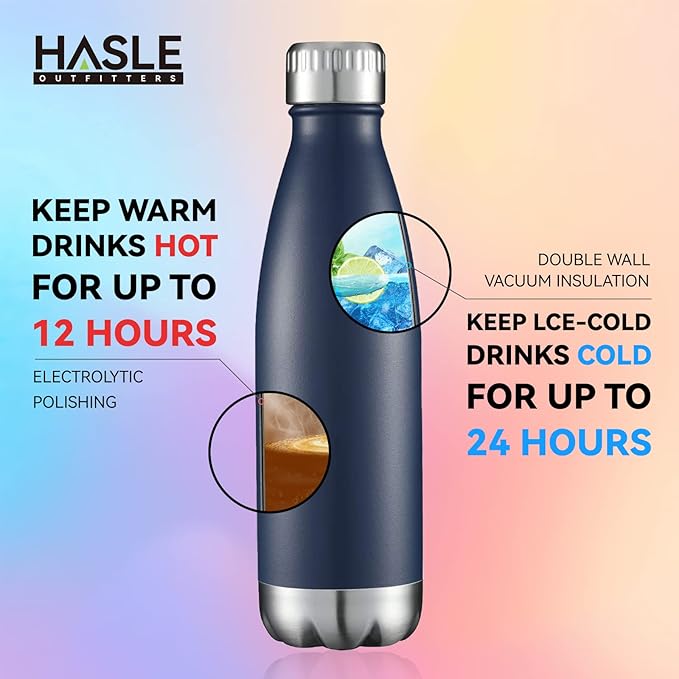 HASLE OUTFITTERS 17oz Stainless Steel Water Bottles Bulk, Vacuum Insulated Water Bottles Double Walled Powder Coated Reusable Metal Sports Water Bottles Keep Drinks Hot and Cold, Navy, 8Packs