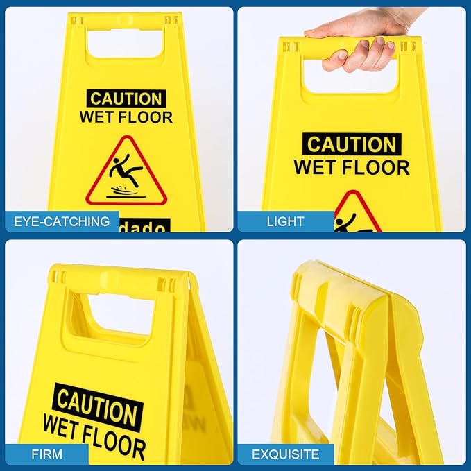 2-Pack Caution Wet Floor Sign,17.5" Height,Bright Yellow Double-Sided Folding A-Shaped Frame Design, Bilingual Caution Message