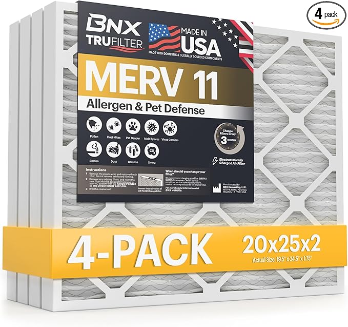 BNX TruFilter 20x25x2 Air Filter MERV 11 (4-Pack) - MADE IN USA - Allergen Defense Electrostatic Pleated Air Conditioner HVAC AC Furnace Filters for Allergies, Dust, Pet, Smoke, Allergy MPR 1200 FPR 7