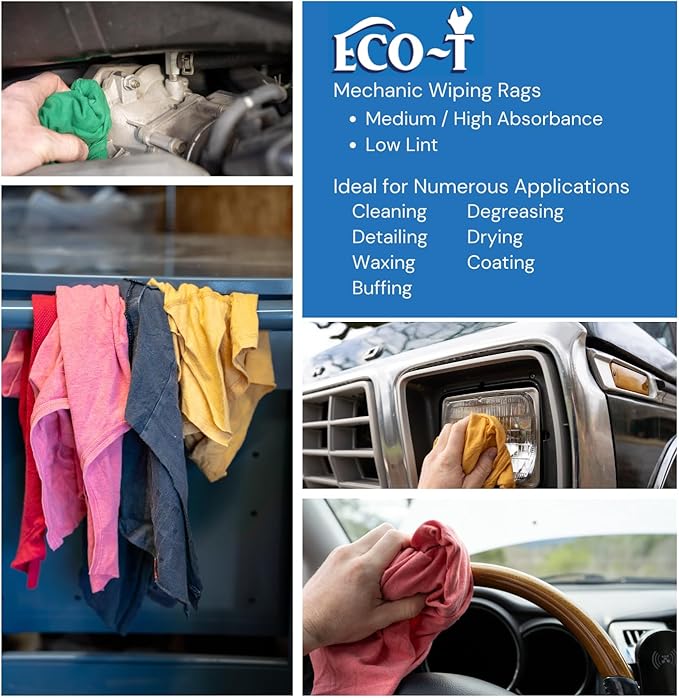25 Lb Box Eco-T Mechanic Shop Rags - Colored T-Shirt Material, 100% Recycled, Eco-Friendly, High Absorbency, Low Lint, Low-Cost, Industrial Use Wiping Cloth