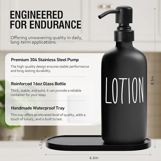 MOMEEMO Glass Soap Dispenser with Stainless Steel Pump, Contains Lotion Dispenser, Hand Soap Dispenser & Tray. (Black & White)