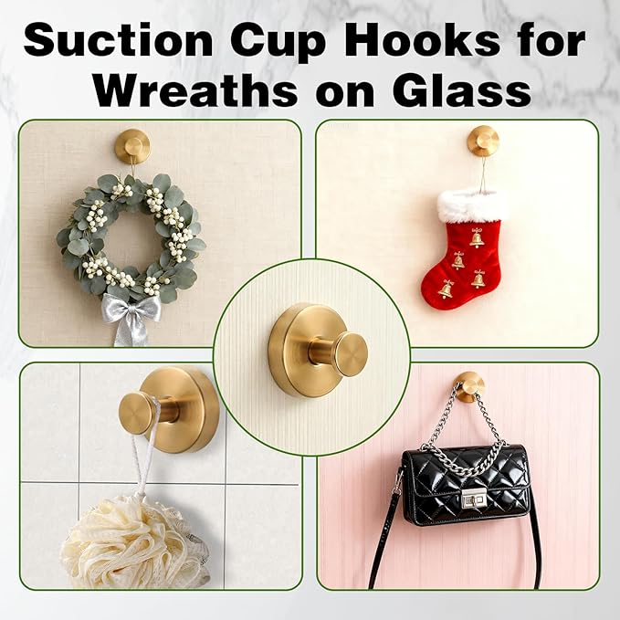 Suction Cup Hooks for Wreaths on Glass, No-Drill Suction Cup Hooks, Wreath Hangers for Front Doors, Metal Towel Hooks for Showers Bathrooms Mirrors (2Pcs Silver)