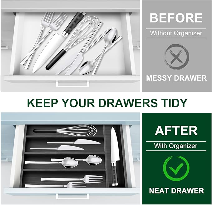 Ayiaren Small Kitchen Silverware Organizer Wooden Utensil Drawer Organizers Narrow Flatware Tray Wood Flatware Organizer for Drawer Spoon Organizer Black Utensil Holder Drawers Bamboo Silverware Tray