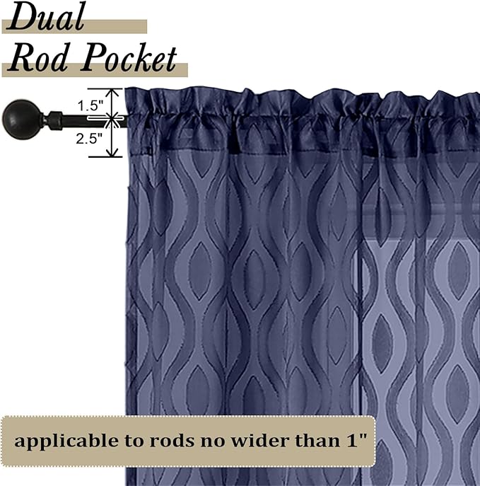 Aiyufeng Navy Blue Sheer Curtains Tiers 36 Inch Length, Light Filtering Soft Airy Wavy Line Jacquard Textured Short Curtain for Bedroom Bathroom Basement, Dual Rod Pocket, 2 Panels, 40" Wx36 L Inch