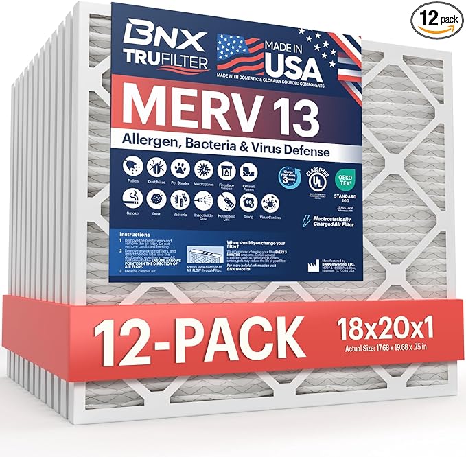 BNX TruFilter 18x20x1 Air Filter MERV 13 (12-Pack) - MADE IN USA - Electrostatic Pleated Air Conditioner HVAC AC Furnace Filters for Allergies, Pollen, Mold, Bacteria, Smoke, Allergen, MPR 1900 FPR 10