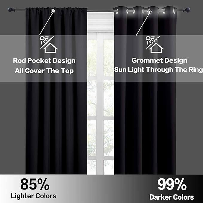 RYB HOME Blackout Curtains for Bedroom - Solid Light Block Blinds Privacy Noise Reduce Drapes for Kids Nursery Laundry Kitchen Cafe Window Decor, W 52 x L 36 inch per Panel, Black, 1 Pair