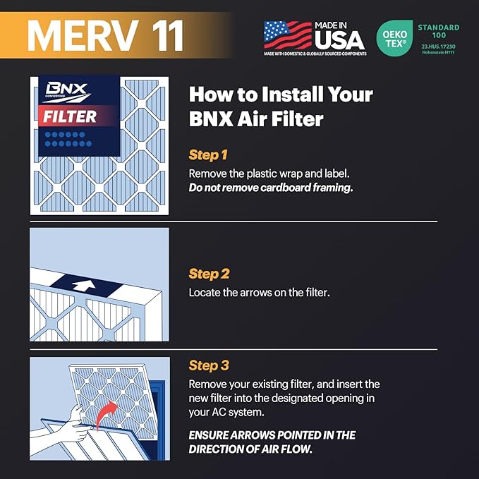 BNX TruFilter 14x20x1 Air Filter MERV 11 (6-Pack) - MADE IN USA - Allergen Defense Electrostatic Pleated Air Conditioner HVAC AC Furnace Filters for Allergies, Dust, Pet, Smoke, Allergy MPR 1200 FPR 7