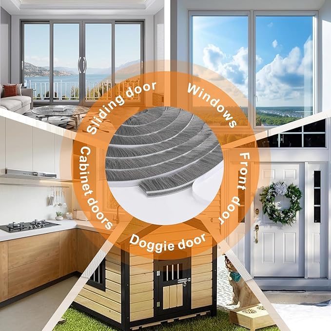 39.4FT Brush Weather Stripping, Neat Pile Self Adhesive Seal Strip for Windows and Door, Weatherstrip for Soundproofing, Windproof, Dustproof, Stronger Stickiness, 0.35'' Wide x 0.2'' Thick, Grey