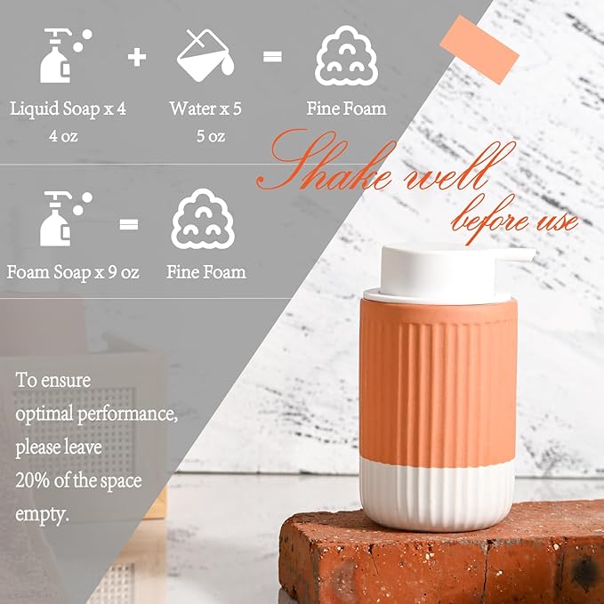 Hand Dipped Terracotta Ceramic Foam Soap Dispenser, 12 oz Rippled Bubble-Up Bottle with White Silicone Pump, Refillable Orange Hand Soap Dispenser for Bathroom