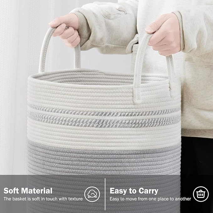 YOUDENOVA Woven Rope Laundry Hamper Basket, 58L Tall Luandry Basket, Baby Nursery Hamper for Blanket Storage, Clothes Hamper for Laundry in Bedroom-Grey