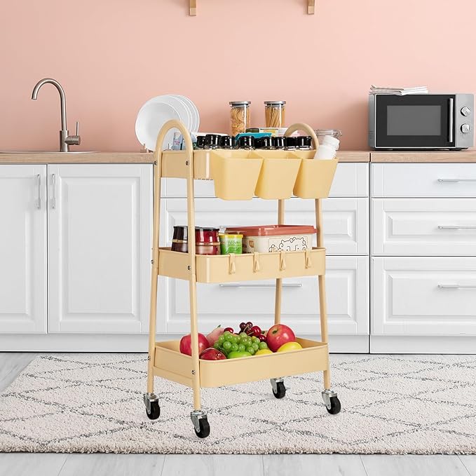 danpinera 3-Tier Rolling Cart, Metal Rolling Storage Cart with Lockable Wheels & Hanging Cups & Hooks, Mobile Trolley for Kitchen, Bathroom, Office, Workshop, Yellow
