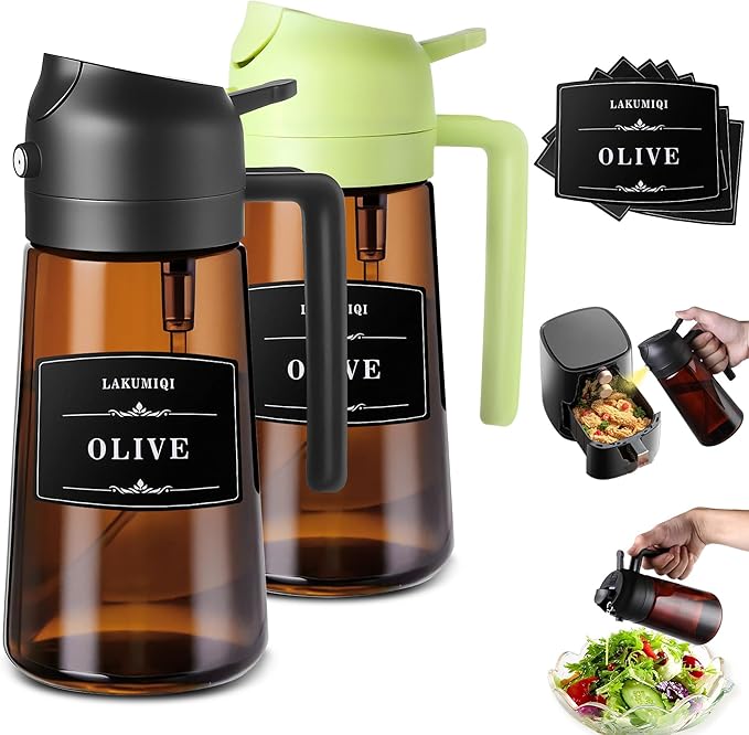 2-in-1 Glass Oil Dispenser & Sprayer - 16oz/470ml Leakproof Bottle for Cooking, Air Fryer, BBQ, Baking, Salad (Light-Blockage Black And Green)