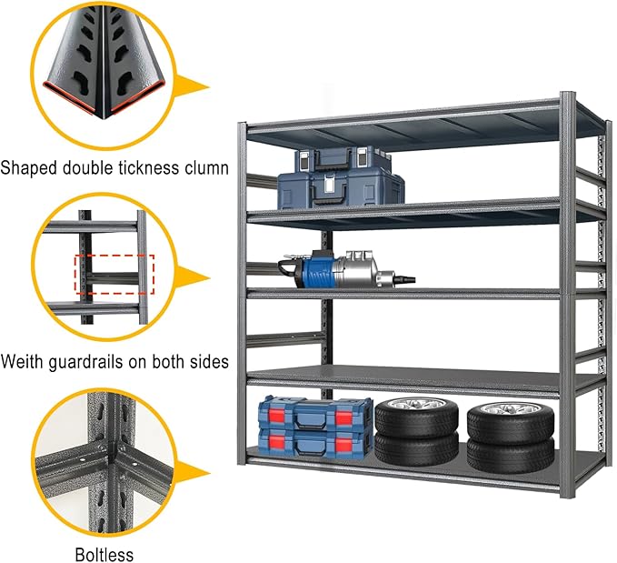 Storage Shelf 5-Tier Garage Shelving, Industrial Shelving with Guardrails, 2500LB Boltless Metal Shelves Heavy Duty for Storage Room, 18" D x 47.2" W x 72" H, Iron Black 3 Pack
