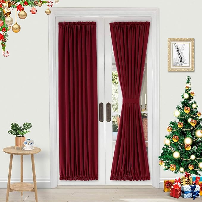 DWCN French Door Curtains – Rod Pocket Thermal Blackout Curtain for Doors with Glass Window, Christmas and Patio Doors for Privacy, 36 X 72 Inches Long, 1 Curtain Panel with Tieback,Burgundy