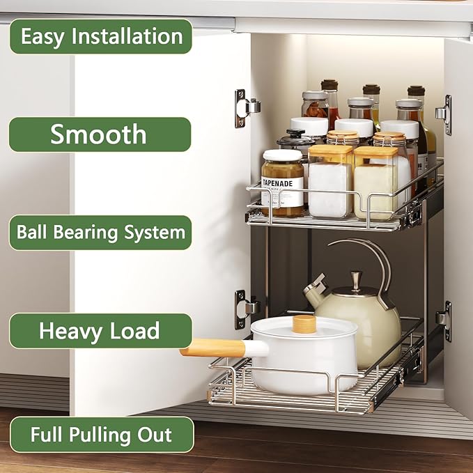 2 Tier Individual Pull Out Cabinet Organizer 16½" W x 21½" D, Heavy Duty Cabinet Pull Out Shelves, Slide Out Drawers Organization for Kitchen Cabinets Bathroom