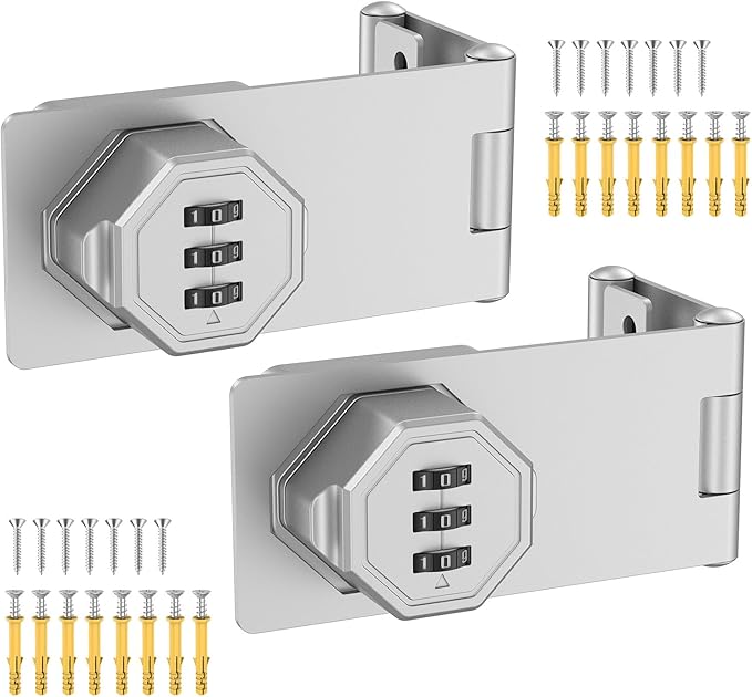90 Degree 3-Digit Combination Cabinet Lock, Zinc Alloy Keyless Folding Hasp Lock Latch, Password Security Rotary Door Latch for Office File Cabinet, Drawer, Locker, Cupboard (2, Silver)