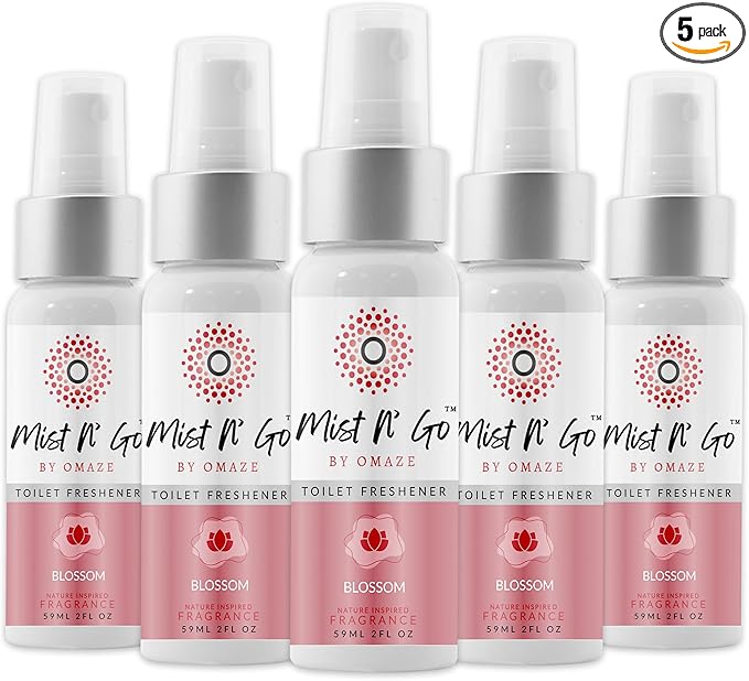 Mist N’ Go by Omaze Travel Bathroom Spray for Toilet Spray Odor Eliminator - Travel Toilet Spray for Bathroom Air Freshener Spray for Bathroom Deodorizer - Blossom Regular Size (2oz x5)