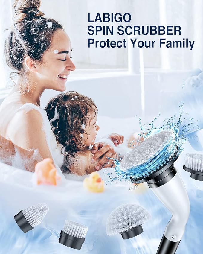 LABIGO Electric Spin Scrubber LA1 Pro, Cordless Spin Scrubber with 4 Replaceable Brush Heads and Adjustable Size Extension Handle Power Full Cleaning Brush for Bathroom Floor (Deep Black)
