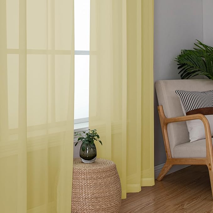 Chyhomenyc Sheer Yellow Curtains 90 inches Long 2 Panels, Light Filtering Soft Airy Solid Elegant Voile Window Treatment Drapes for Bedroom Living Room Wedding Party Decor, 42 Wx90 L Inches