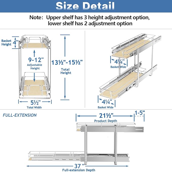 ROOMTEC 2 Tier Individual Pull Out Cabinet Organizer 5½"W x 21½"D, Slide Out Wood Shelves Organizers, Pull Out Drawers Organization and Storage for Kitchen Cabinet