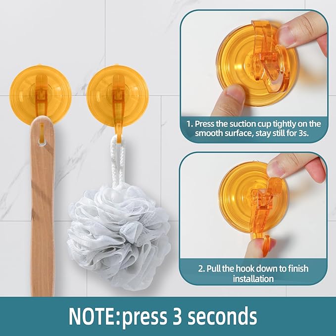 Antimbee 3 Pack Suction Cup Hooks, Wreath Hangers, Removable Small Suction Cups for Shower, Bathroom, Glass, Door, Windows, Kitchen-Up to 11 lbs on Smooth Surface (Transparent Orange)