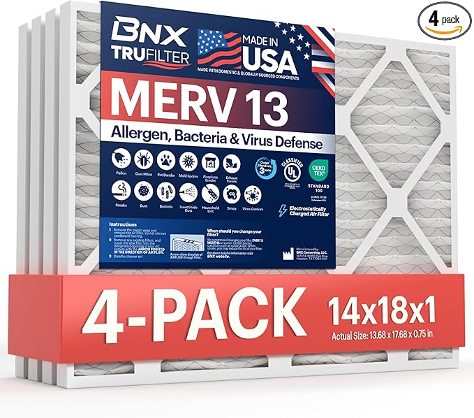 BNX TruFilter 14x18x1 MERV 13 (4-Pack) AC Furnace Air Filter - MADE IN USA - Electrostatic Pleated Air Conditioner HVAC AC Furnace Filters - Removes Pollen, Mold, Bacteria, Smoke
