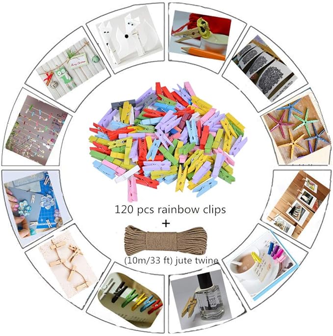 DurReus Wooden Clothespin Ornaments Cute Mini Strong Clothes Pin Hanging Pictures Crafts Arts Birthday with Twine Pack 50 Light Green