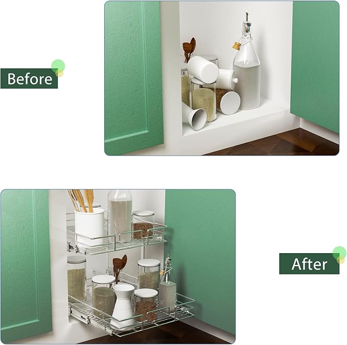 LOVMOR 2 Tier Individual Pull Out Cabinet Organizer 14½" W x 21½" D, Slide Out Kitchen Cabinet Storage Sliding Shelves